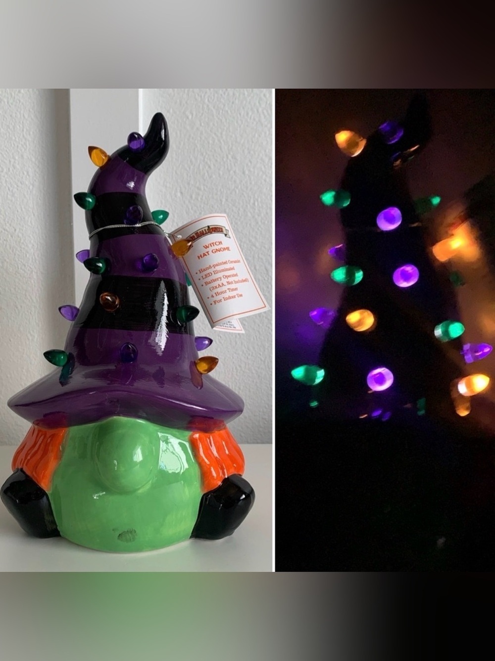Mr. Halloween Light Up Witch Ceramic Gnome Tree Spooky Boo Scary Decor Green
